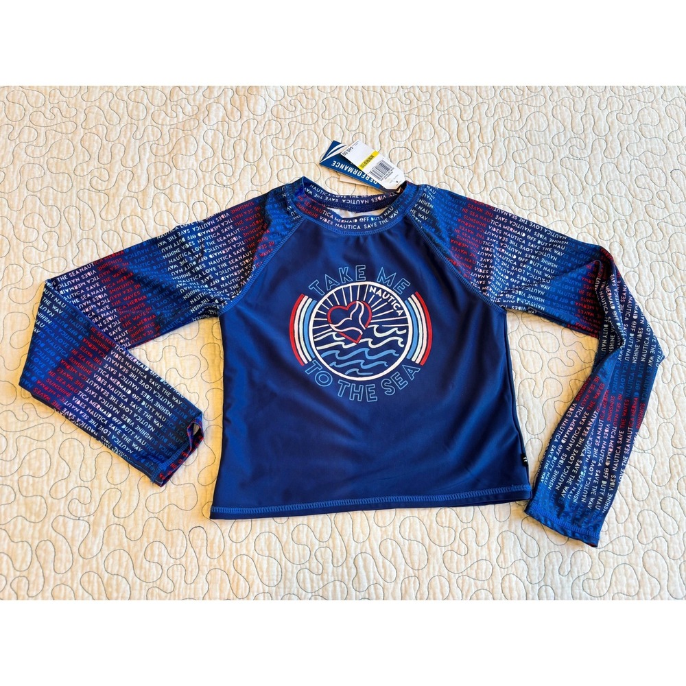 Nautica Girls Rash Guard Medium 8/10 Twilight Blue Long Sleeve Swim Top Cropped